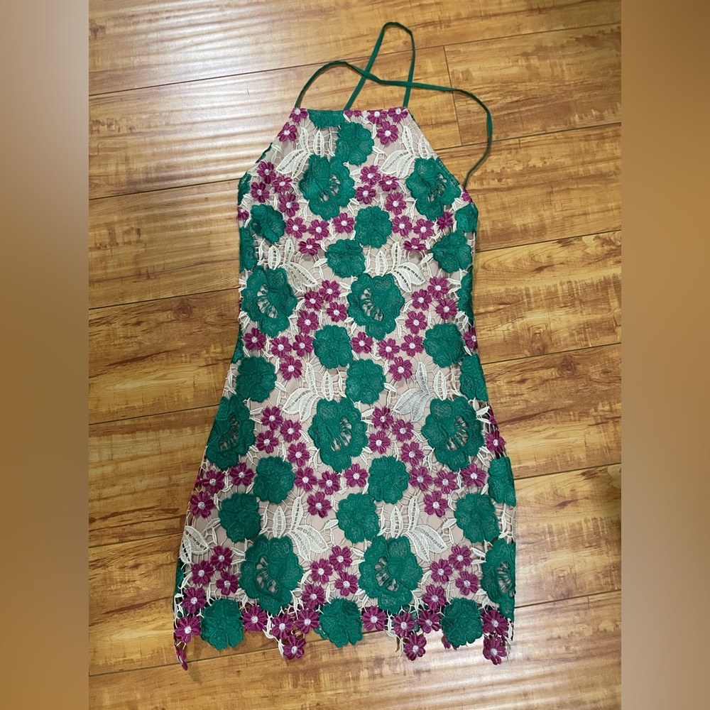 Goldie London Gardenia Green & Pink Floral Lace Mini Dress w Open Back